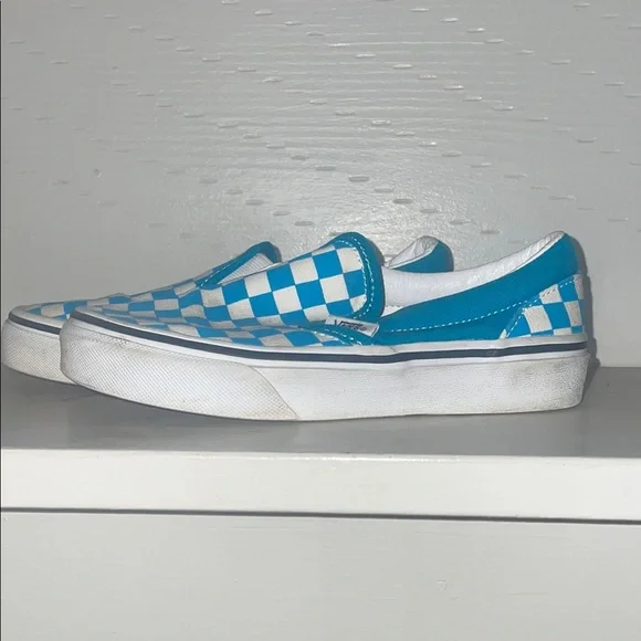 Vans Blue/ teal and White Checkered Slip-On Sneakers, kids size 13 - Picture 3 of 7